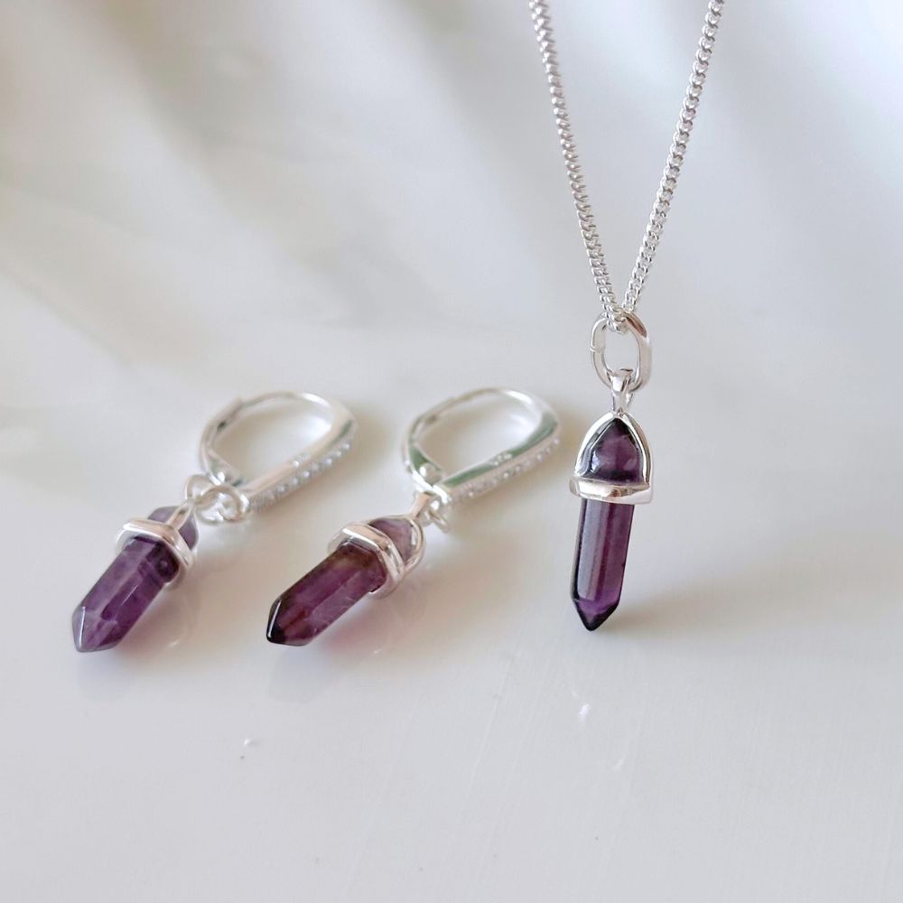 Set de Collar y Aretes Cuarzo Amatista Plata - Joya en acero inoxidable enchapado en oro 18k - D'Merys