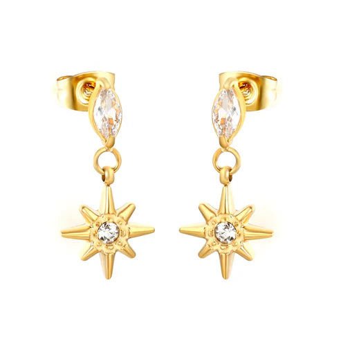 Aretes para mujer con estrellas y brillos en dorado. Joyas waterproof ideales para noches especiales, resistentes al agua y de acabado duradero y elegante.