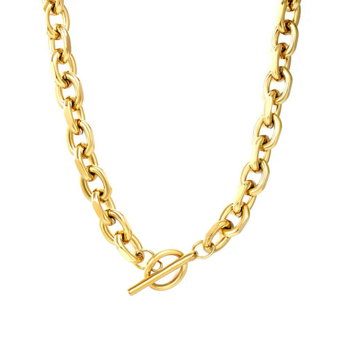 Collar para mujer con cadena eslabones y broche T. Joya waterproof romántica ideal para regalar, resistente al agua con acabado brillante muy duradero y elegante.
