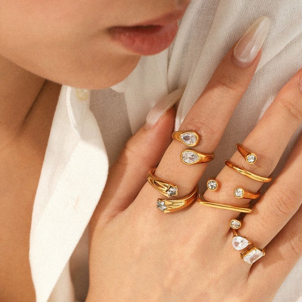Anillo Doble Gota Waterproof: Acero Inoxidable 316L Oro 18k | Azzia