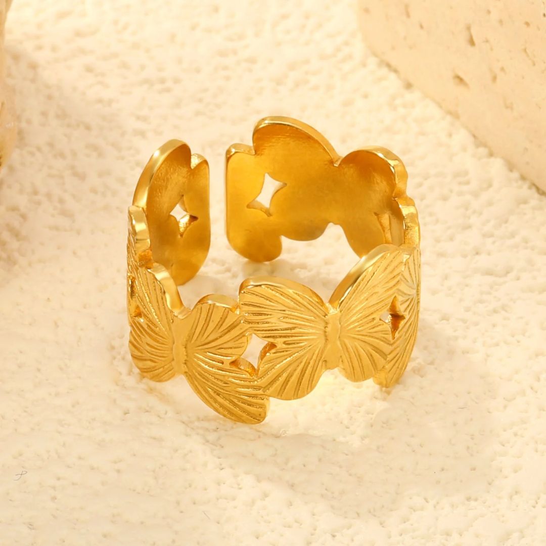 Anillo Mariposa Regulable Waterproof: Acero 316L Oro 18k | Azzia