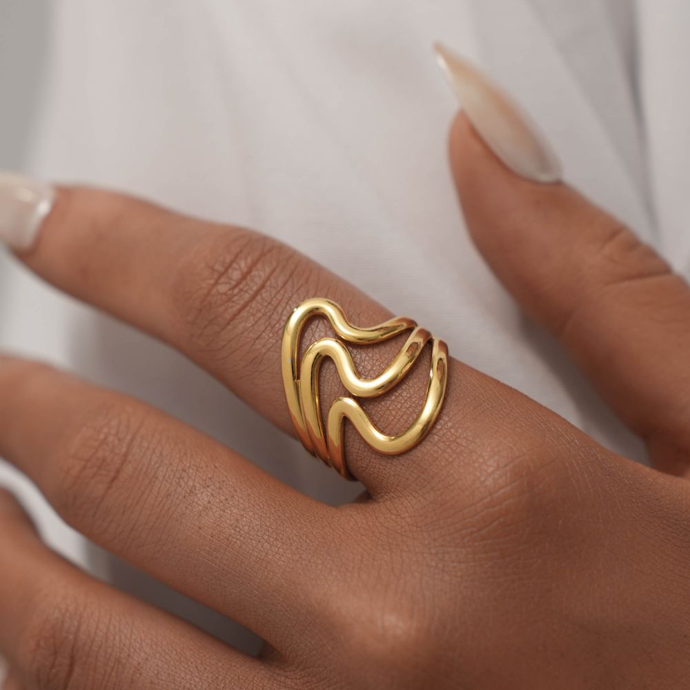 Anillo 3 Olas Waterproof Regulable: Acero 316L Oro 18k | Azzia