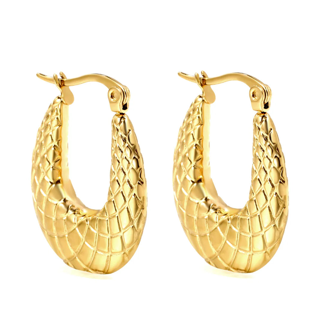 Aretes para mujer tipo aro texturizado dorado. Joyas waterproof de tendencia femenina, perfectas para el día a día y totalmente resistentes al agua y elegante.