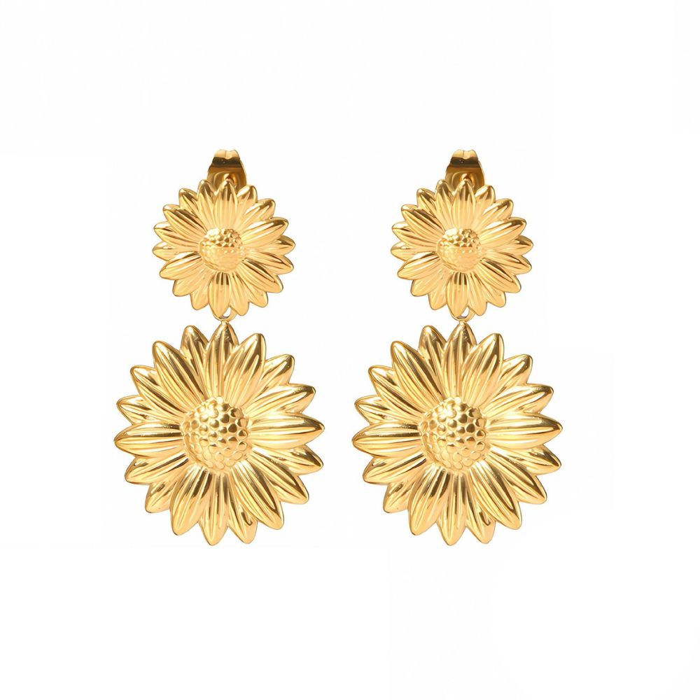Aretes Doble Girasol Waterproof - Joya en acero inoxidable enchapado en oro 18k - Azzia joyería