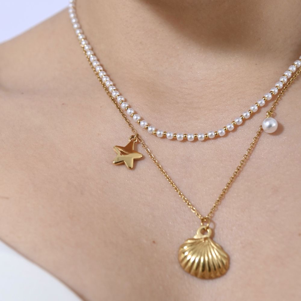 Collar Doble Ocean Perla Waterproof - Joya en acero inoxidable enchapado en oro 18k - D'Merys