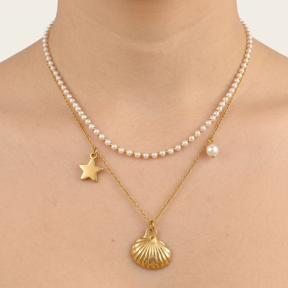 Collar Doble Ocean Perla Waterproof: Acero 316L Oro 18k | Azzia