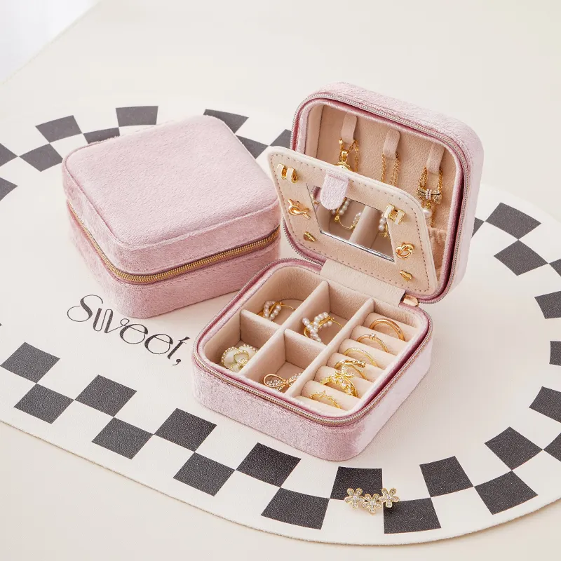 Joyero Viajero Terciopelo con Espejo - Organizador de anillos, aretes y collares - Azzia joyería