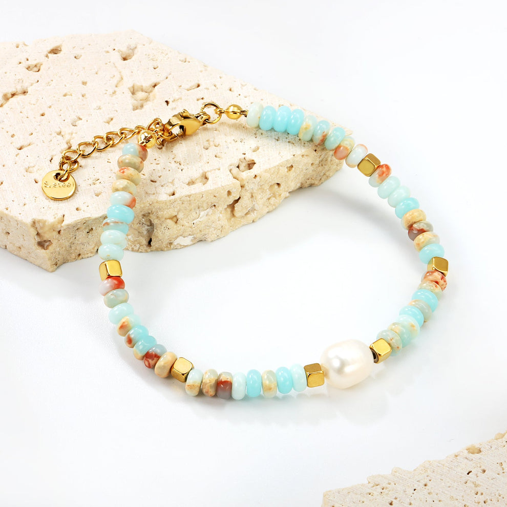 Pulsera de piedras naturales amazonitas waterproof con perla del río