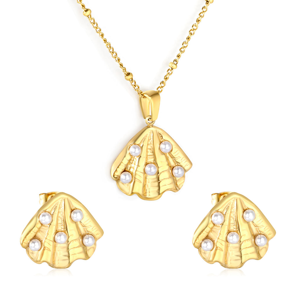 Set de collar y Aretes, conchitas de mar doradas - AZZIA JOYERIA 