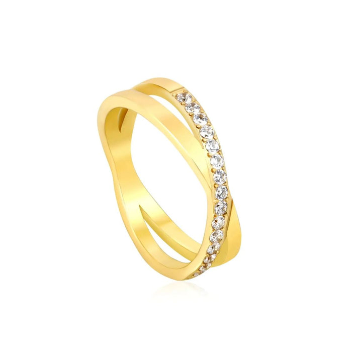 Descubre el Anillo doble cruzado Ximena Waterproof con circones y oro 18k PVD. Duradero y a prueba de agua. ¡Garantía de color y estilo único!